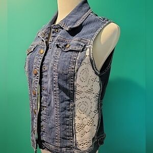 Reworked Live A Little Women’s Sz MED Blue Denim Jean Jacket Vest Lace Upcycle